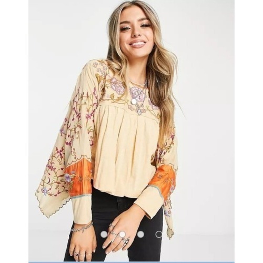 Free People Waiting On A Sunny Day Top Embroidered Birds Oversized XS Boho Gypsy - Picture 5 of 13